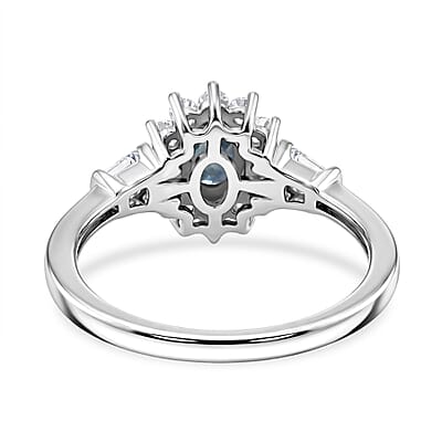 D'Joy Montana Sapphire and Moissanite 1.25 ctw Sunburst Halo Ring in Rhodium Over Sterling Silver (Size 10.0)