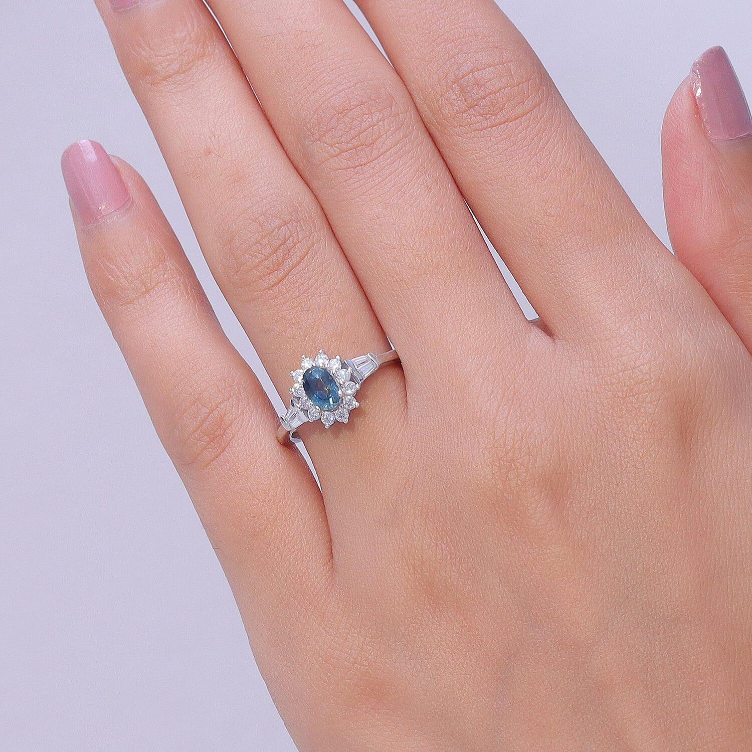 D'Joy Montana Sapphire and Moissanite 1.25 ctw Sunburst Halo Ring in Rhodium Over Sterling Silver (Size 5.0)