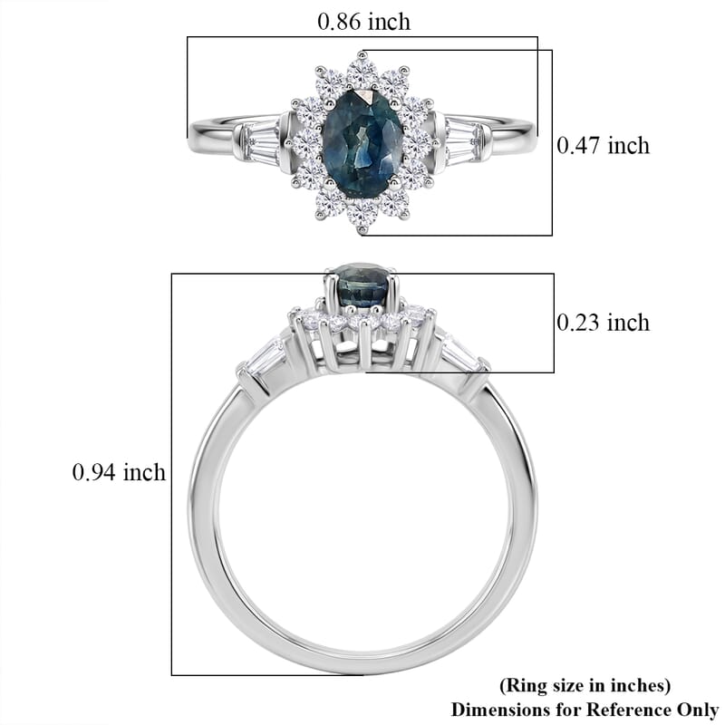 D'Joy Montana Sapphire and Moissanite 1.25 ctw Sunburst Halo Ring in Rhodium Over Sterling Silver (Size 5.0)