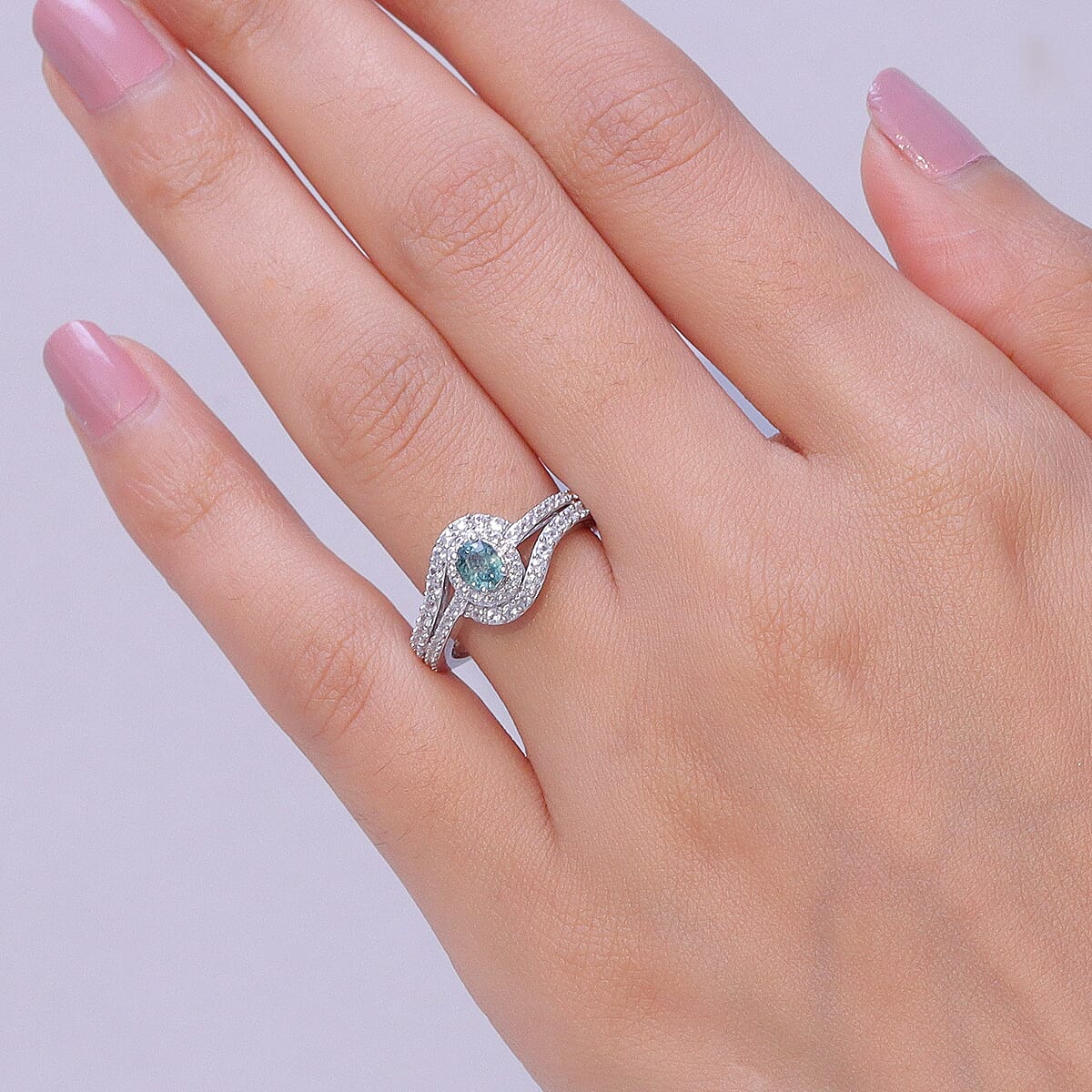 D'Joy Montana Sapphire and White Zircon 1.50 ctw Ocean Wave Swirl Ring in Rhodium Over Sterling Silver (Size 10.0) (Del. in 8-10 Days) image number 2