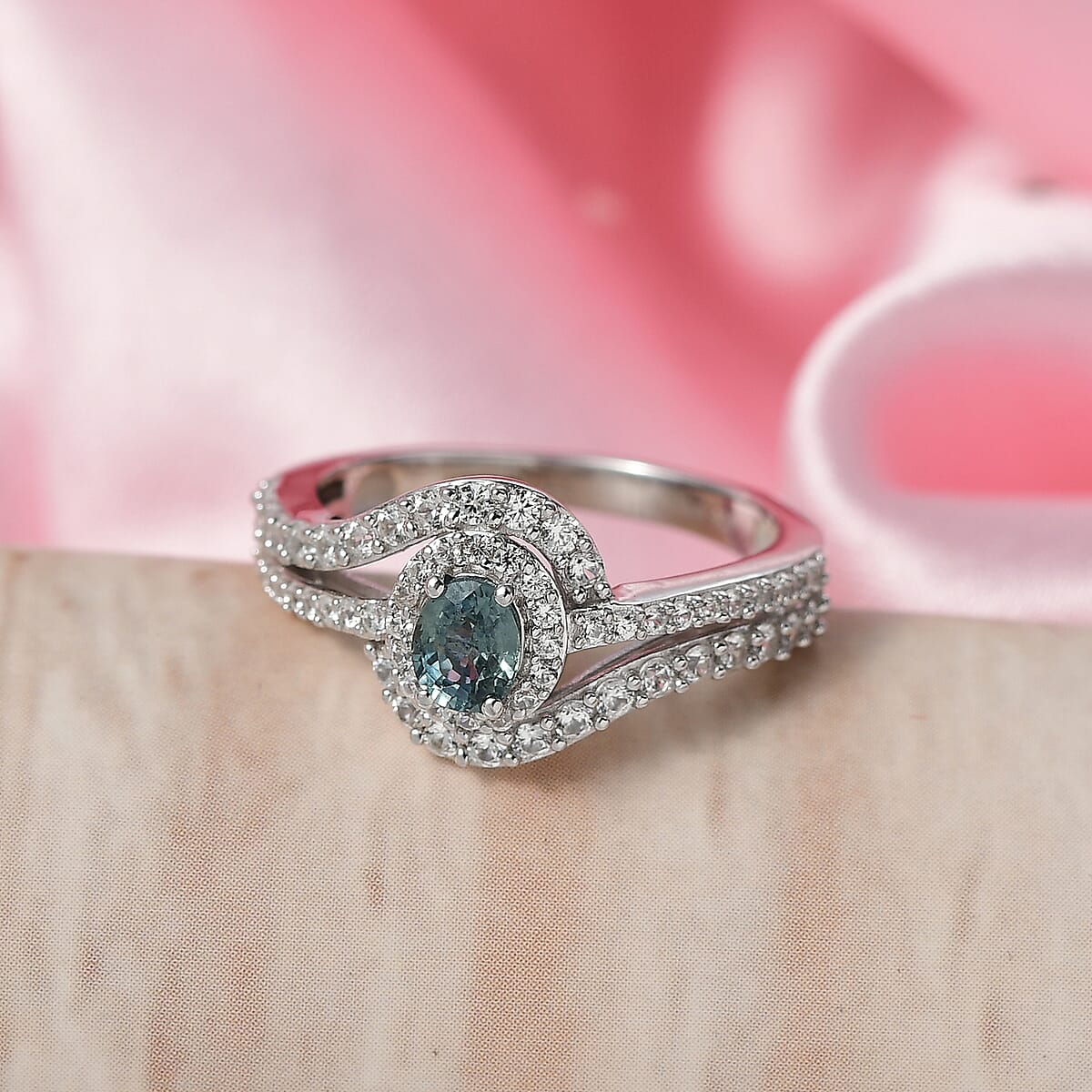 D'Joy Montana Sapphire and White Zircon 1.50 ctw Ocean Wave Swirl Ring in Rhodium Over Sterling Silver (Size 5.0) (Del. in 8-10 Days) image number 1