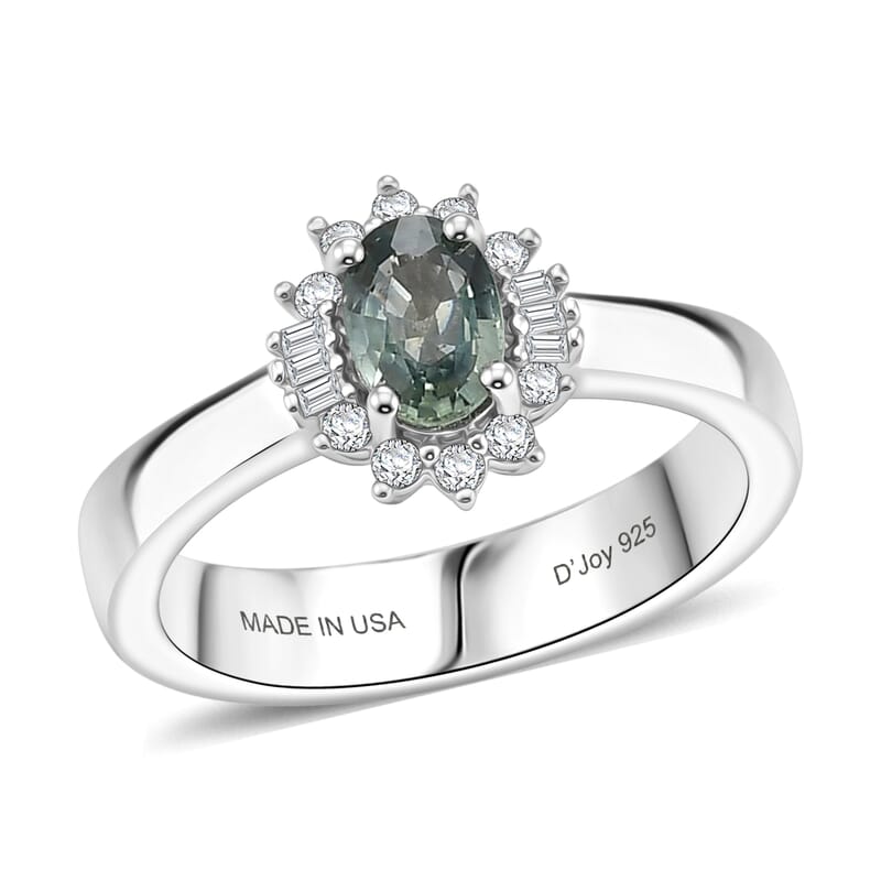 D'Joy Montana Sapphire and Diamond 0.80 ctw Sunburst Ring in Rhodium Over Sterling Silver (Size 10.0)