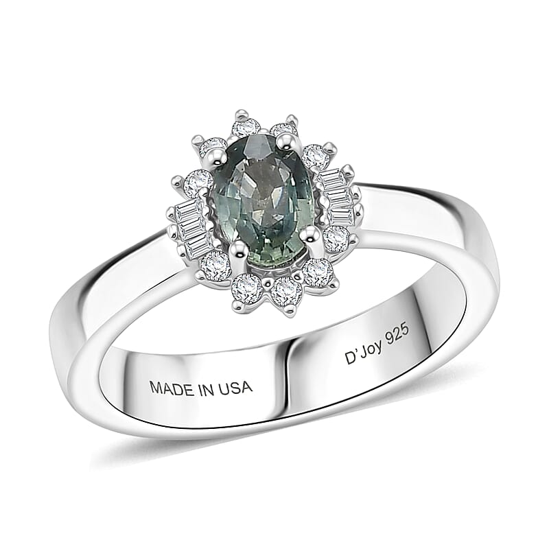 D'Joy Montana Sapphire and Diamond 0.80 ctw Sunburst Ring in Rhodium Over Sterling Silver (Size 10.0)