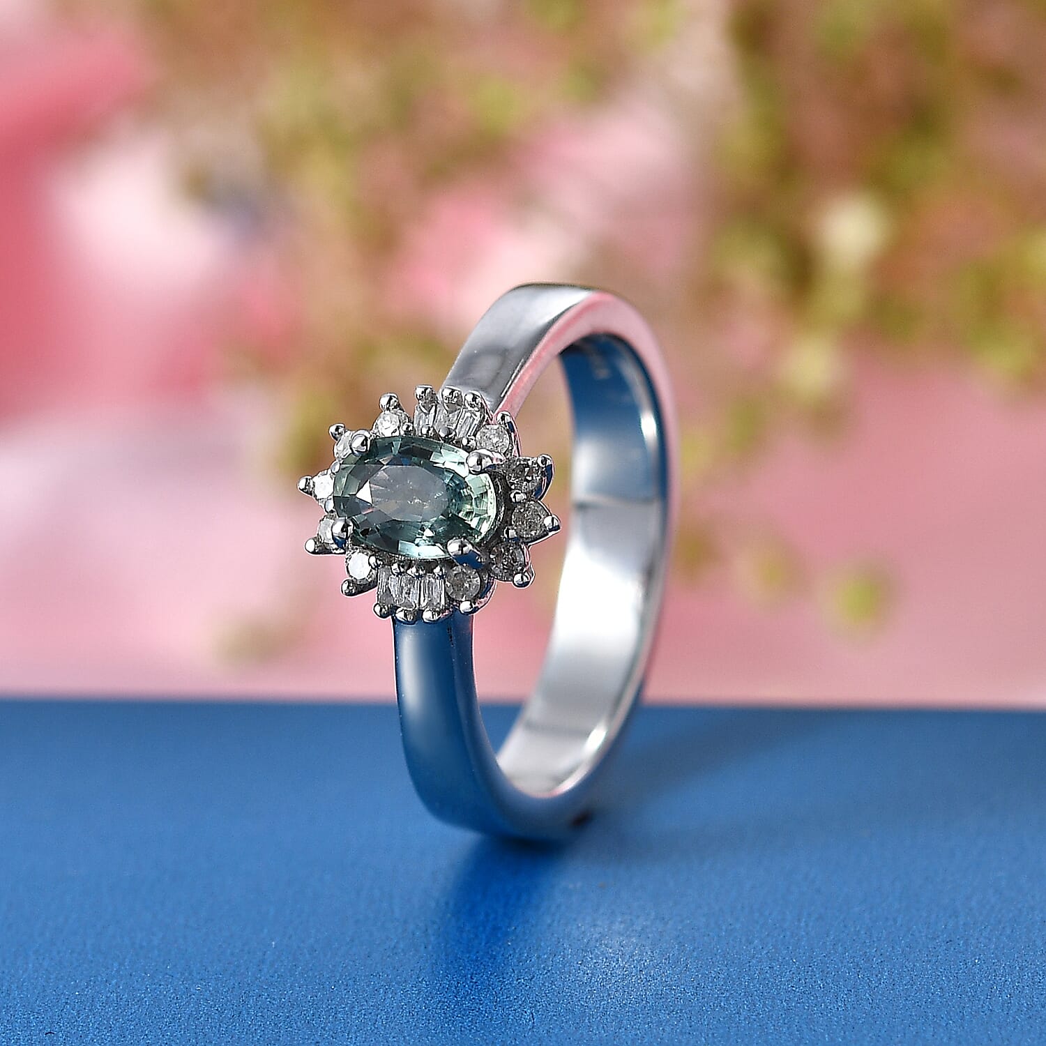 D'Joy Montana Sapphire and Diamond 0.80 ctw Sunburst Ring in Rhodium Over Sterling Silver (Size 10.0)