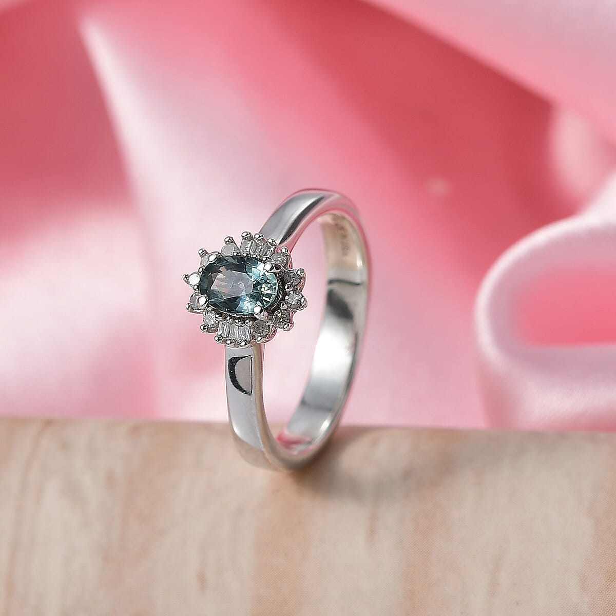 D'Joy Montana Sapphire and Diamond 0.80 ctw Sunburst Ring in Rhodium Over Sterling Silver (Size 10.0) (Del. in 8-10 Days) image number 1