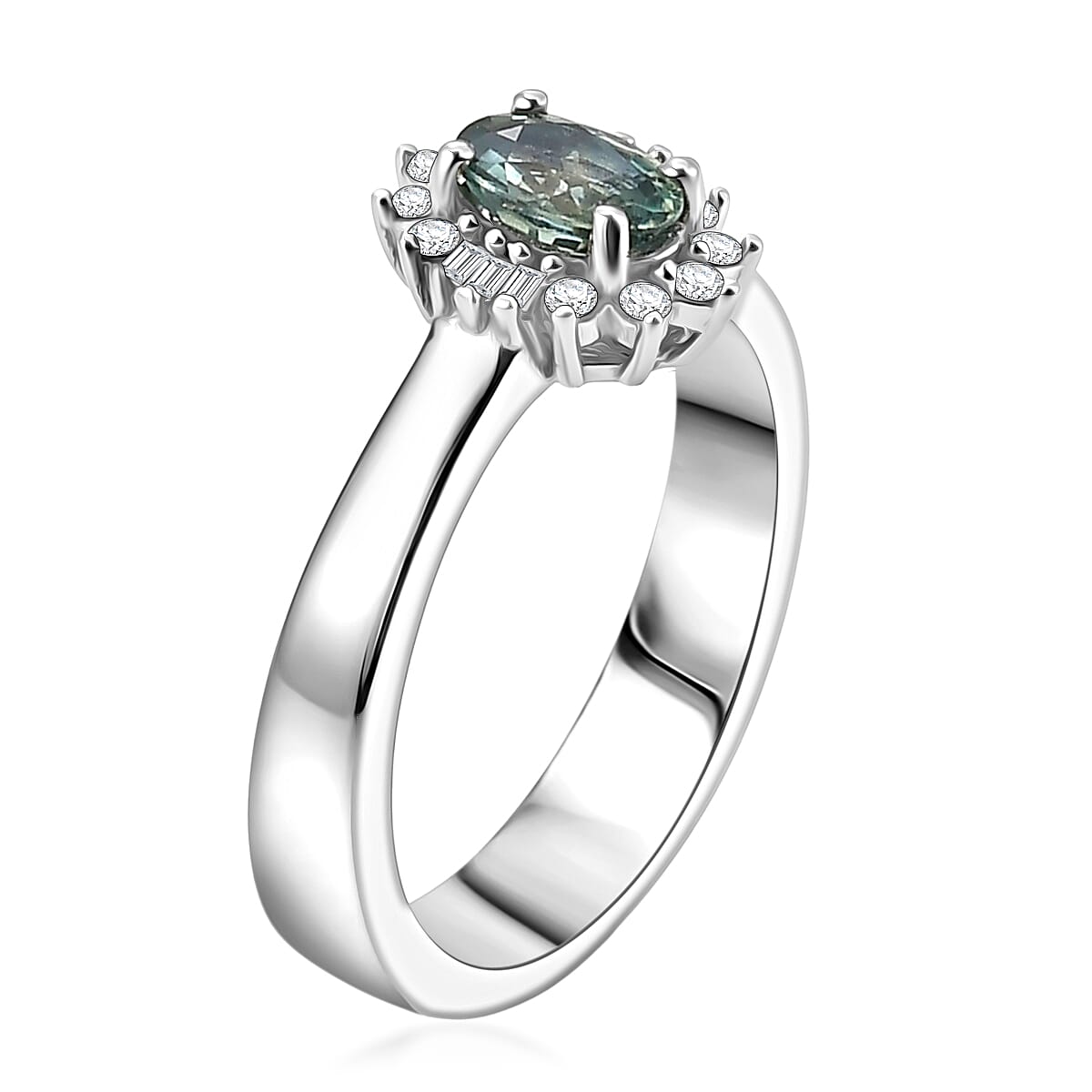 D'Joy Montana Sapphire and Diamond 0.80 ctw Sunburst Ring in Rhodium Over Sterling Silver (Size 10.0)