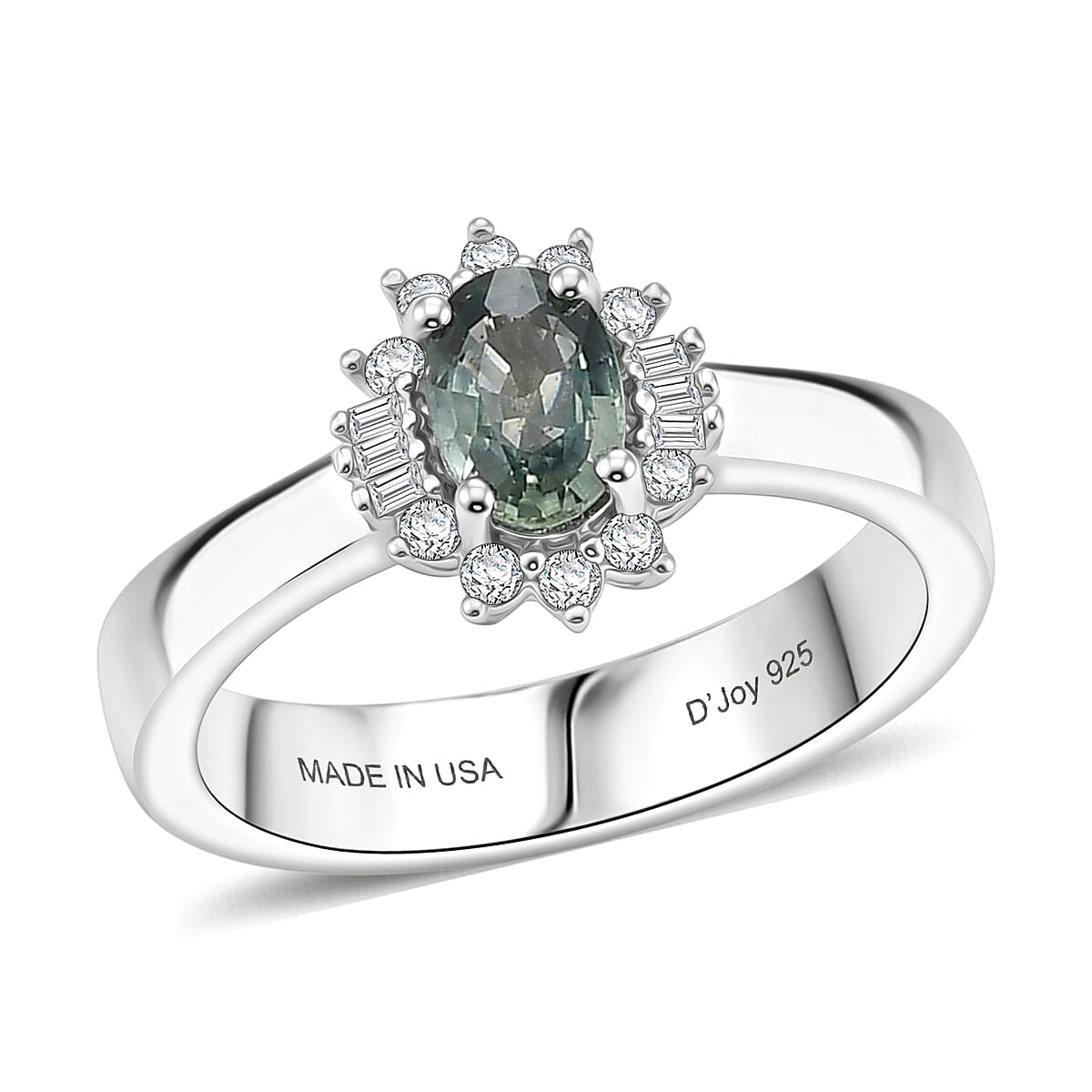 D'Joy Montana Sapphire and Diamond 0.80 ctw Sunburst Ring in Rhodium Over Sterling Silver (Size 5.0)