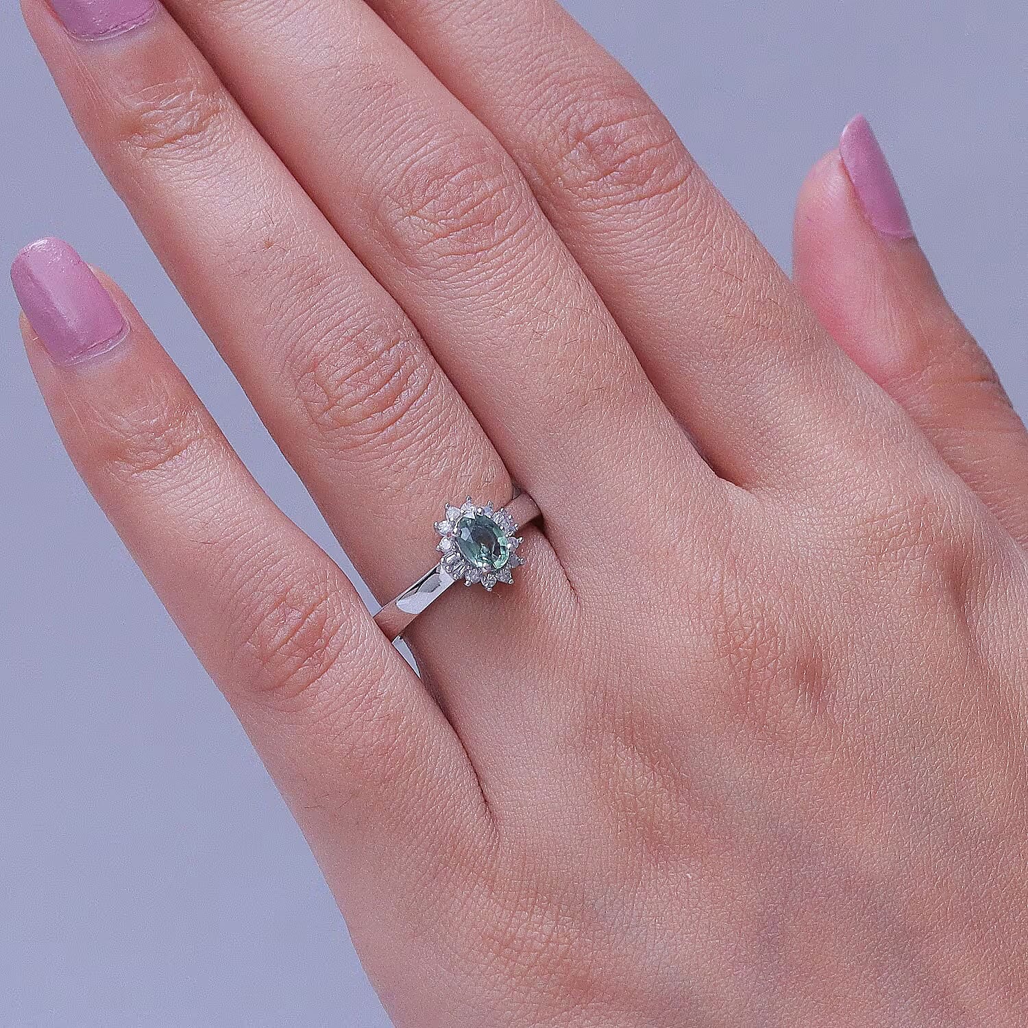 D'Joy Montana Sapphire, Diamond Sunburst Ring in Rhodium Over Sterling Silver (Size 10.0) 0.80 ctw