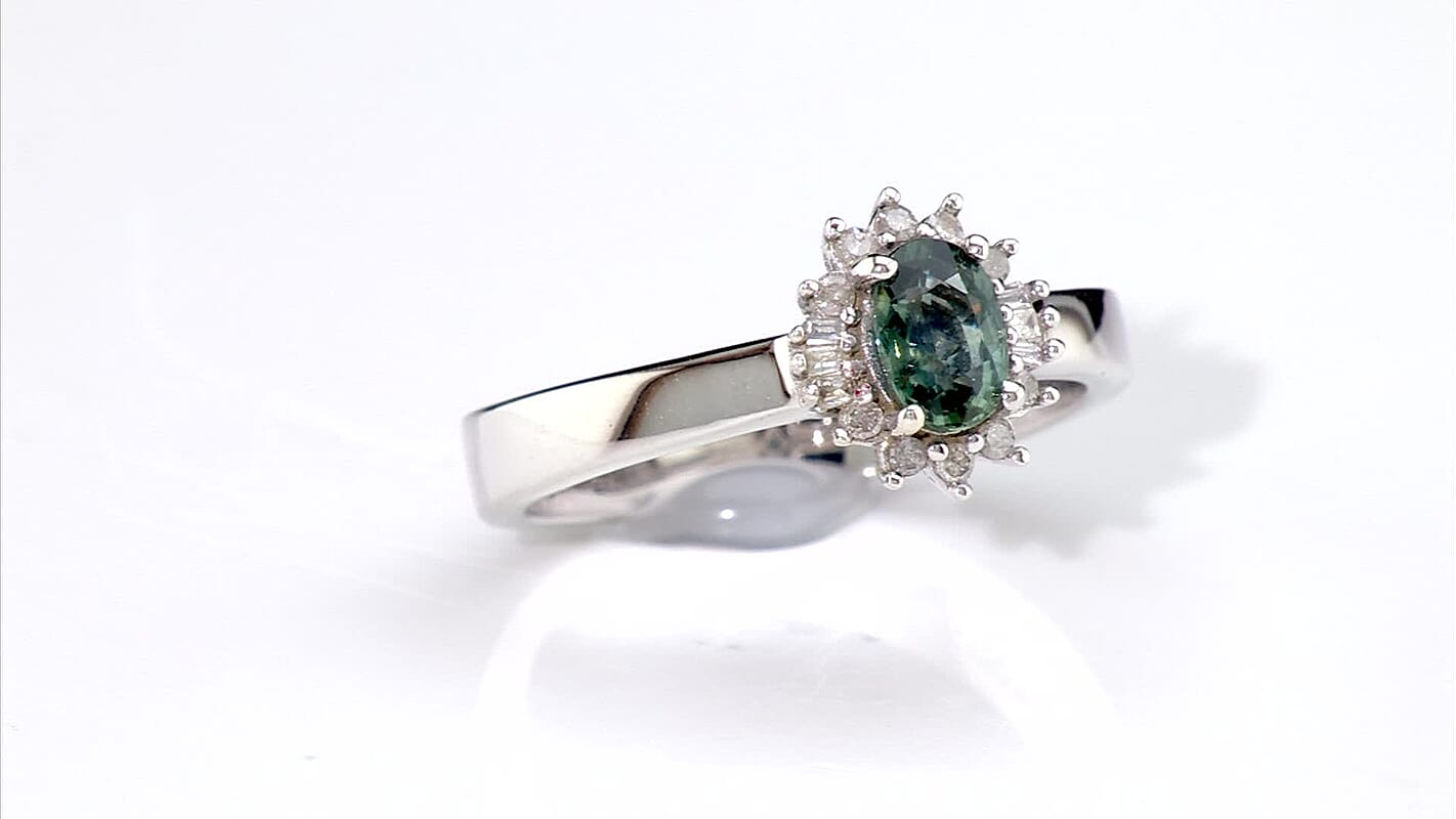 D'Joy Montana Sapphire, Diamond Sunburst Ring in Rhodium Over Sterling Silver (Size 10.0) 0.80 ctw