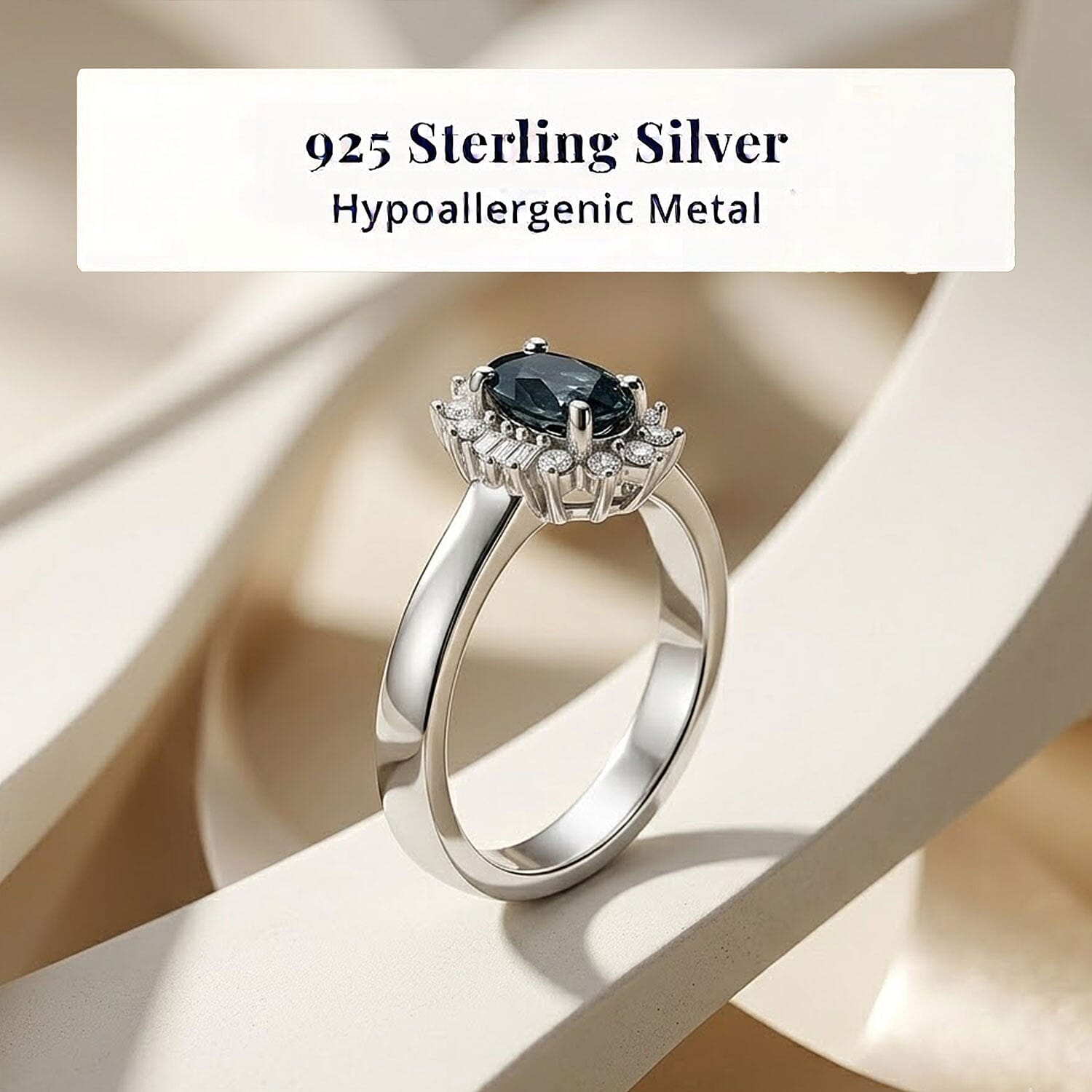 D'Joy Montana Sapphire and Diamond 0.80 ctw Sunburst Ring in Rhodium Over Sterling Silver (Size 5.0)