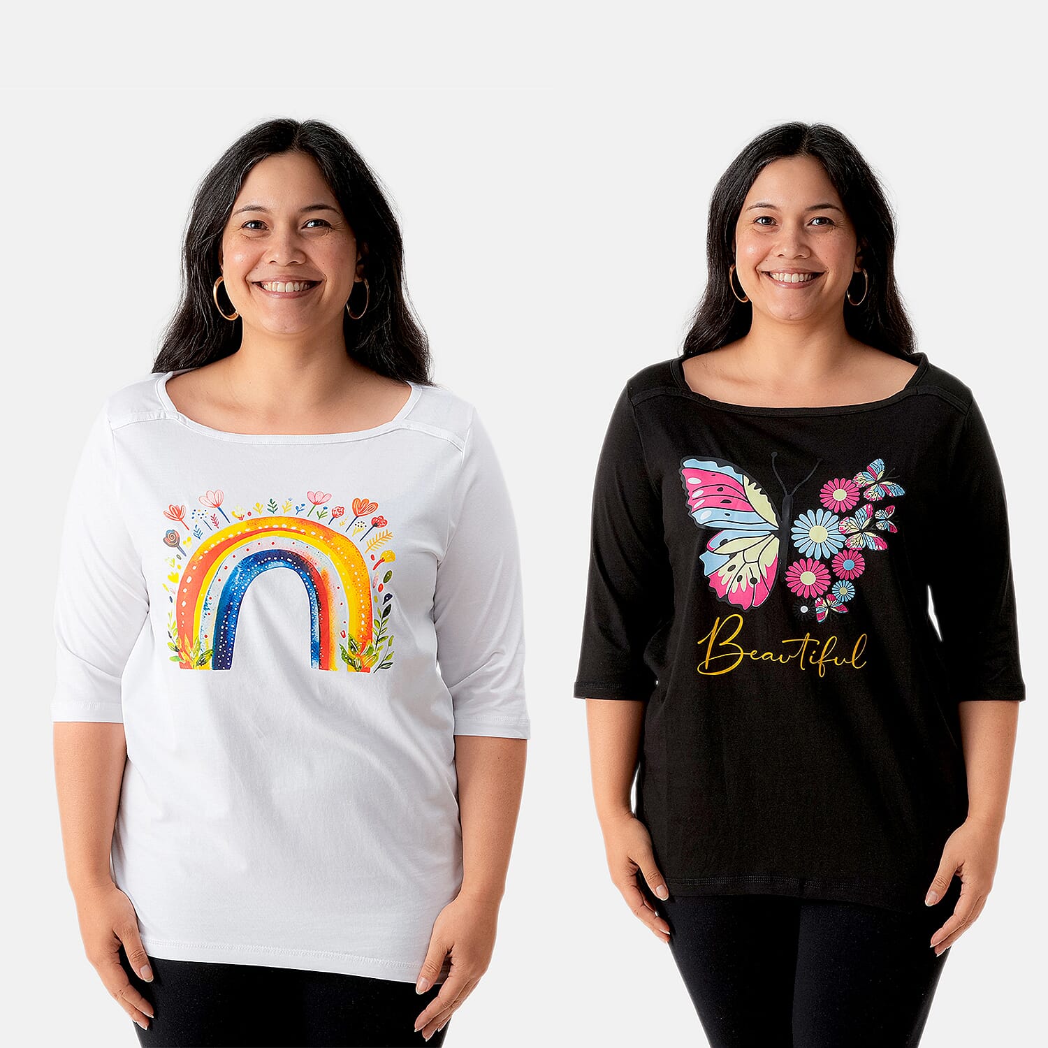La Marey Set of 2 Elbow Sleeve High- Low Tunic -Rainbow and Butterfly - One Size Missy