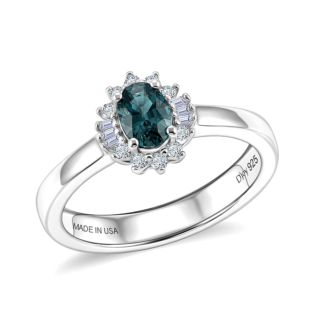 D'Joy Montana Sapphire and Diamond 0.80 ctw Sunburst Ring in Rhodium Over Sterling Silver (Size 7.0)