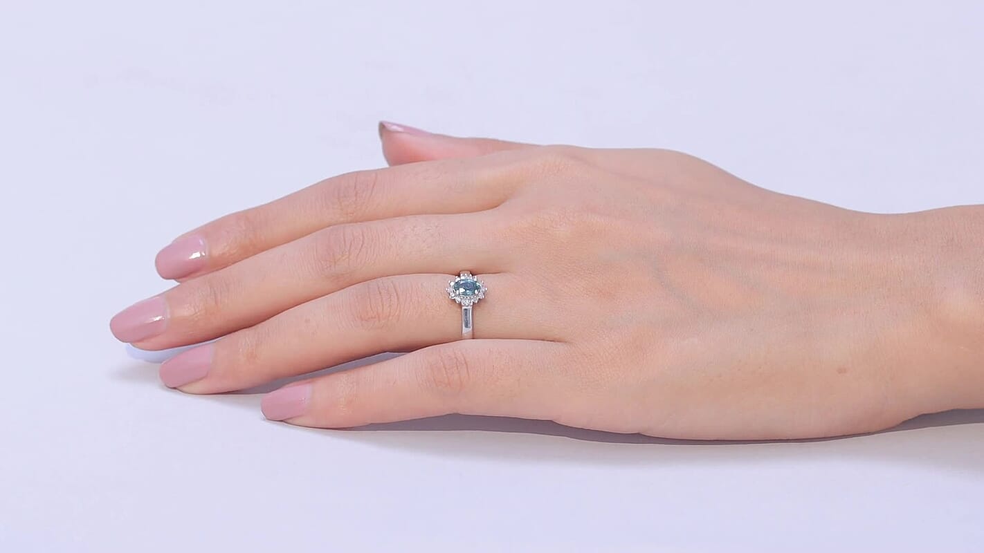 D'Joy Montana Sapphire, Diamond Sunburst Ring in Rhodium Over Sterling Silver (Size 10.0) 0.80 ctw