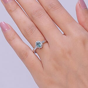 D'Joy Montana Sapphire and Diamond 0.80 ctw Sunburst Ring in Rhodium Over Sterling Silver (Size 7.0)