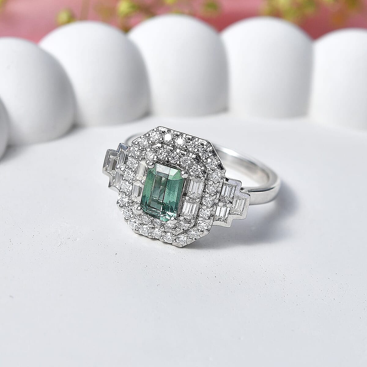 Certified & Appraised D'Joy Premium Arquiana Mint Tourmaline and Moissanite 1.68 ctw Ring in Rhodium Over Sterling Silver (Size 6.0) image number 1