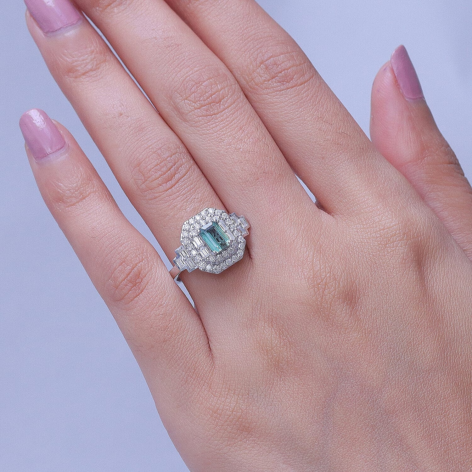 Certified & Appraised D'Joy Premium Arquiana Mint Tourmaline and Moissanite 1.68 ctw Ring in Rhodium Over Sterling Silver (Size 6.0)