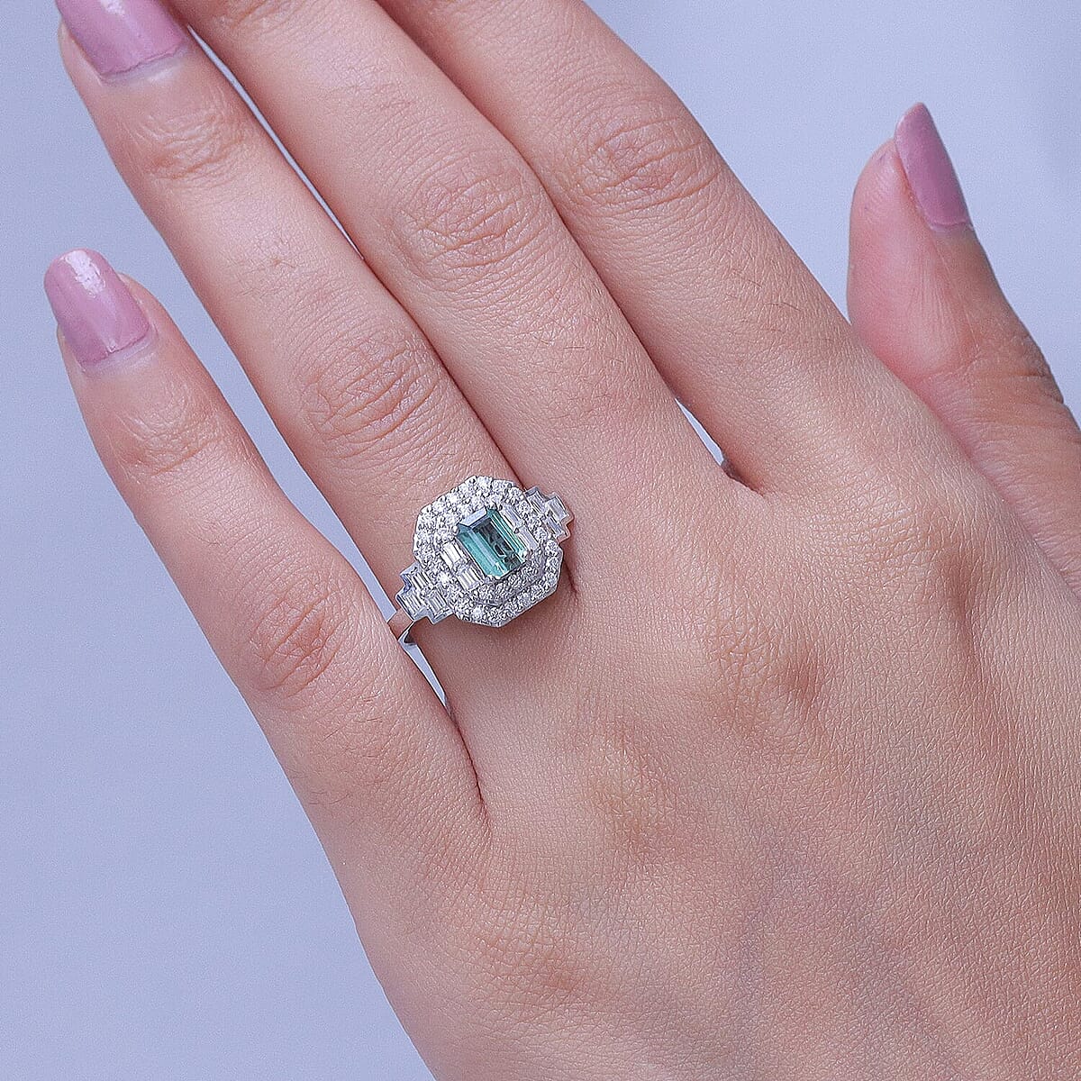 Certified & Appraised D'Joy Premium Arquiana Mint Tourmaline and Moissanite 1.68 ctw Ring in Rhodium Over Sterling Silver (Size 6.0) image number 2