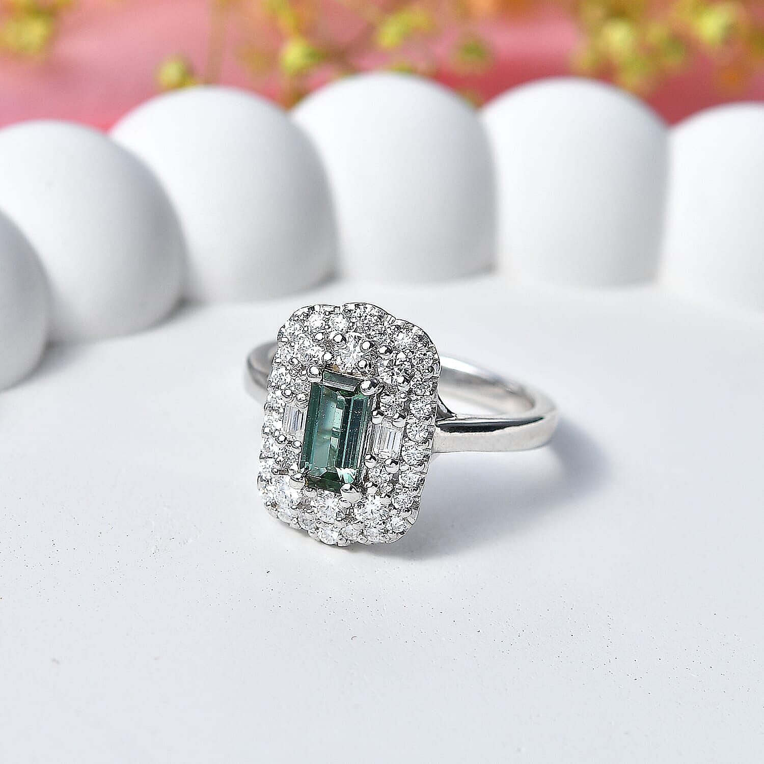 Certified & Appraised D'Joy Premium Arquiana Mint Tourmaline and Moissanite 1.19 ctw Ring in Rhodium Over Sterling Silver (Size 6.0)