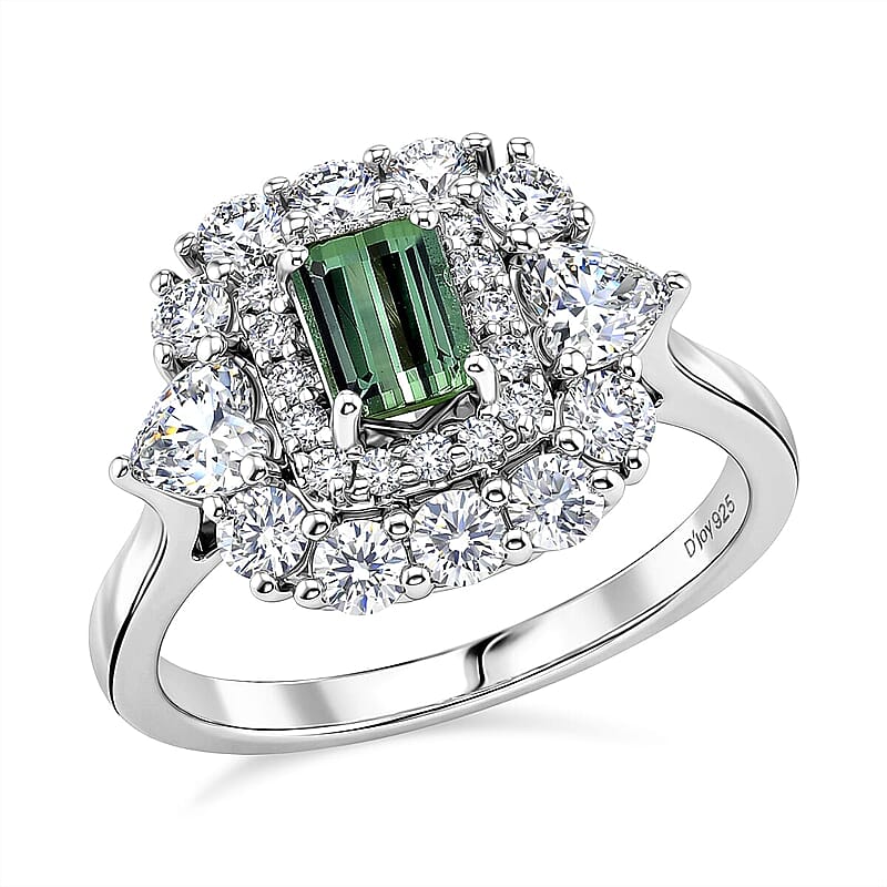 Certified & Appraised D'Joy Premium Arquiana Mint Tourmaline, Moissanite Ring in Rhodium Over Sterling Silver (Size 6.0) 1.82 ctw