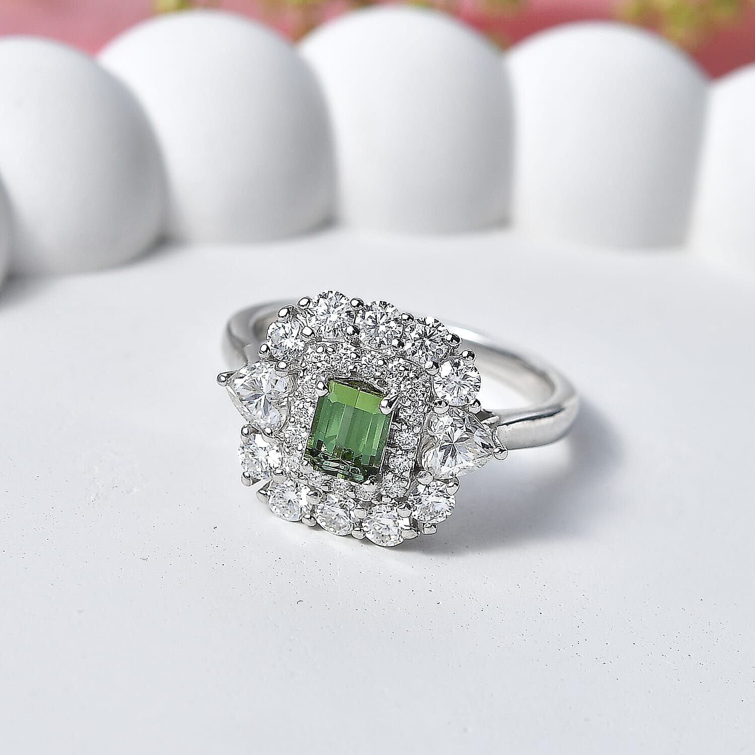 Certified & Appraised D'Joy Premium Arquiana Mint Tourmaline, Moissanite Ring in Rhodium Over Sterling Silver (Size 6.0) 1.82 ctw