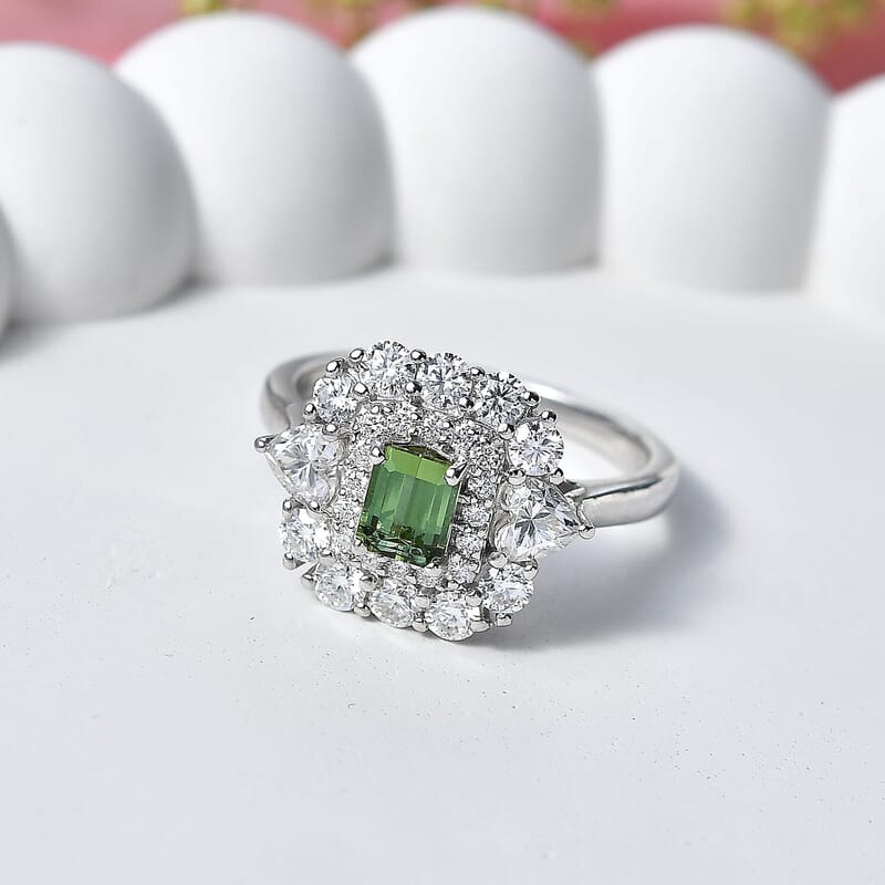 Certified & Appraised D'Joy Premium Arquiana Mint Tourmaline and Moissanite 1.75 ctw Ring in Rhodium Over Sterling Silver (Size 6.0)