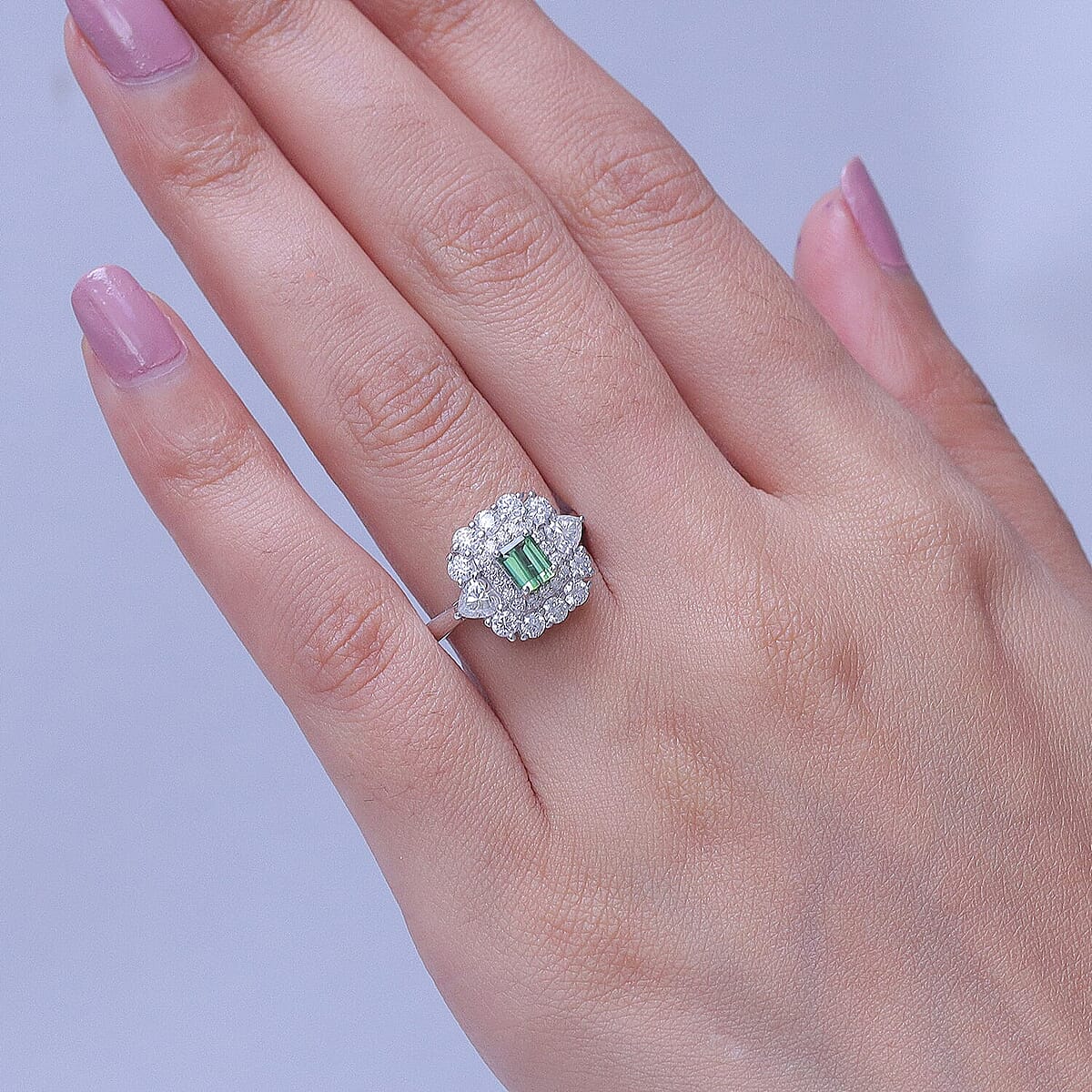 Certified & Appraised D'Joy Premium Arquiana Mint Tourmaline, Moissanite Ring in Rhodium Over Sterling Silver (Size 6.0) 1.82 ctw image number 2