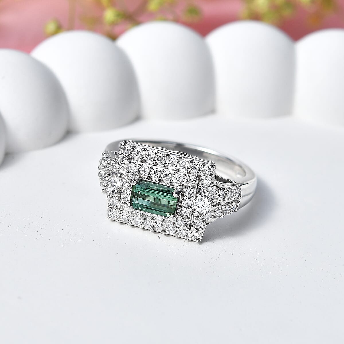 Certified & Appraised D'Joy Premium Arquiana Mint Tourmaline, Moissanite Ring in Rhodium Over Sterling Silver (Size 6.0) 1.33 ctw image number 1