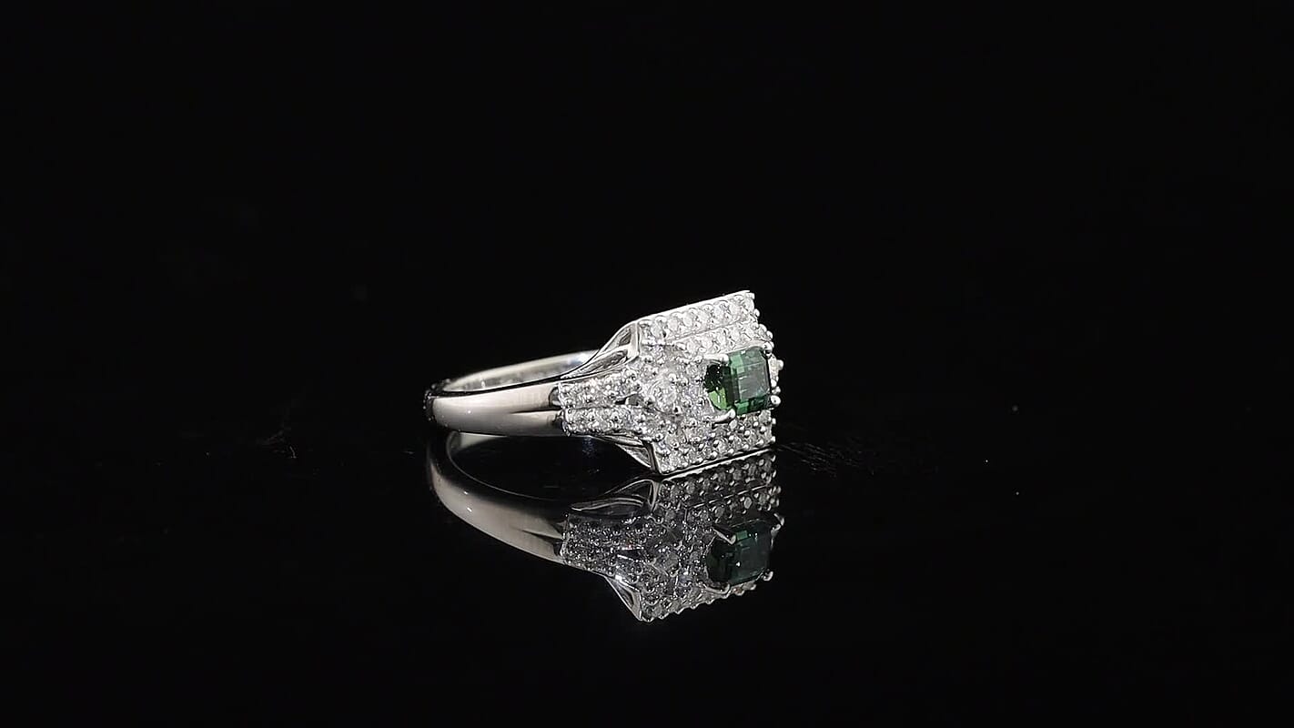 Certified & Appraised D'Joy Premium Arquiana Mint Tourmaline, Moissanite Ring in Rhodium Over Sterling Silver (Size 6.0) 1.33 ctw