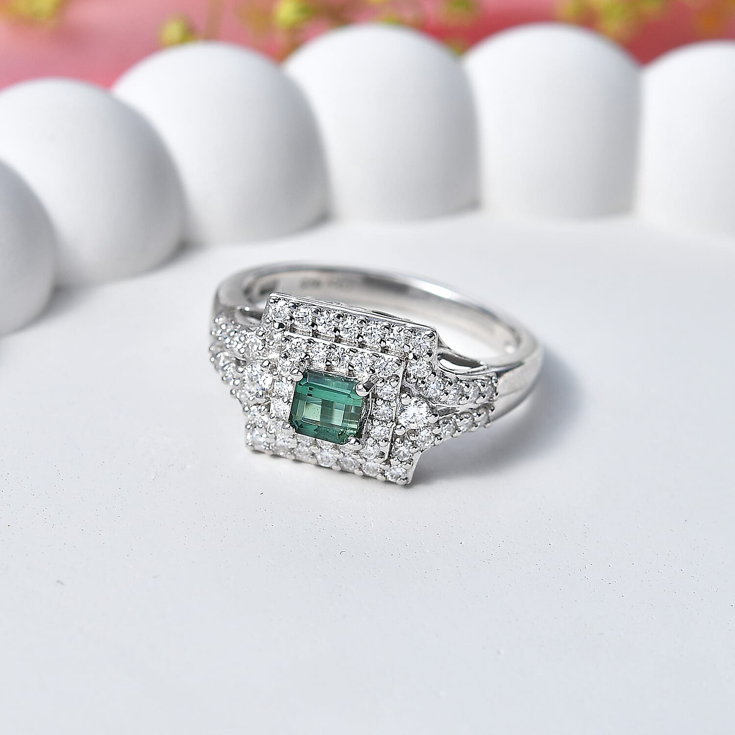 Certified & Appraised D'Joy Premium Arquiana Mint Tourmaline, Moissanite Ring in Rhodium Over Sterling Silver (Size 7.0) 1.33 ctw