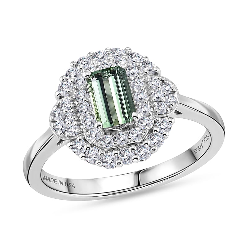 Certified & Appraised D'Joy Premium Arquiana Mint Tourmaline, Moissanite Ring in Rhodium Over Sterling Silver (Size 6.0) 1.17 ctw