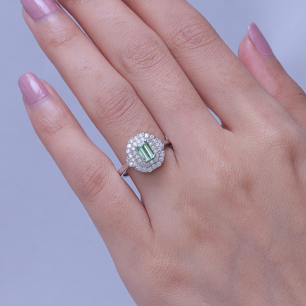 Certified & Appraised D'Joy Premium Arquiana Mint Tourmaline, Moissanite Ring in Rhodium Over Sterling Silver (Size 6.0) 1.17 ctw image number 2