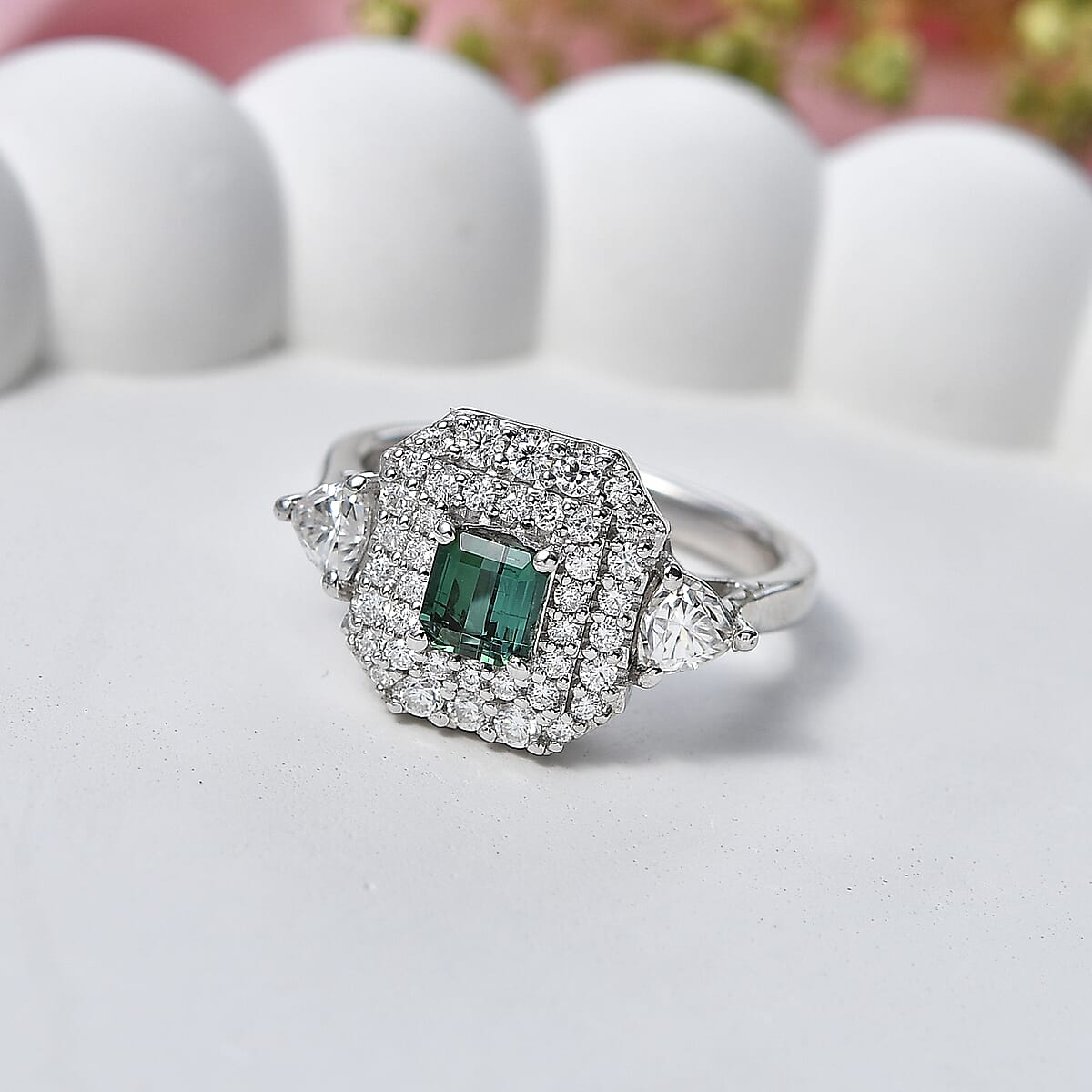 Certified & Appraised D'Joy Premium Arquiana Mint Tourmaline and Moissanite 1.58 ctw Ring in Rhodium Over Sterling Silver (Size 6.0) image number 1