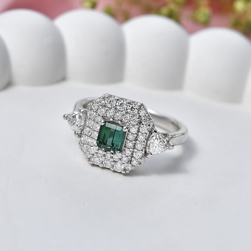 Certified & Appraised D'Joy Premium Arquiana Mint Tourmaline and Moissanite 1.58 ctw Ring in Rhodium Over Sterling Silver (Size 6.0)