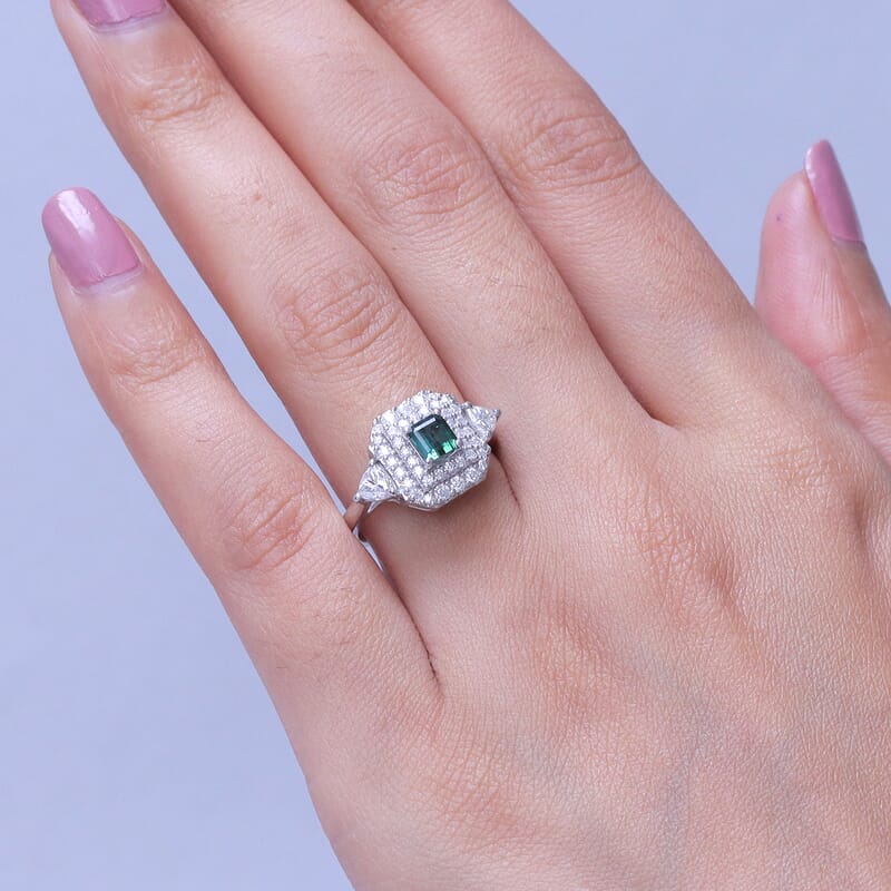 Certified & Appraised D'Joy Premium Arquiana Mint Tourmaline and Moissanite 1.58 ctw Ring in Rhodium Over Sterling Silver (Size 6.0)
