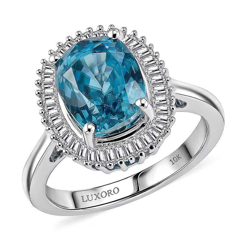 Luxoro AAA Cambodian Blue Zircon and Diamond I2 5.20 ctw Ocean Starlight Halo Ring in 10K White Gold (Size 10.0)