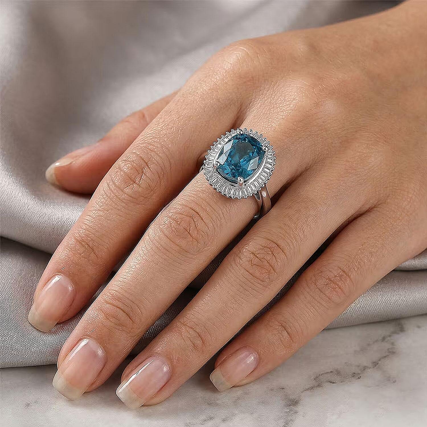 Luxoro AAA Cambodian Blue Zircon and Diamond I2 5.20 ctw Ocean Starlight Halo Ring in 10K White Gold (Size 10.0)