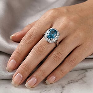 Luxoro AAA Cambodian Blue Zircon and Diamond I2 5.20 ctw Ocean Starlight Halo Ring in 10K White Gold (Size 10.0)