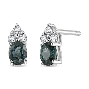 D'Joy Montana Sapphire and White Zircon 0.60 ctw Classic Crown Stud Earrings in Rhodium Over Sterling Silver (Del. in 8-10 Days)