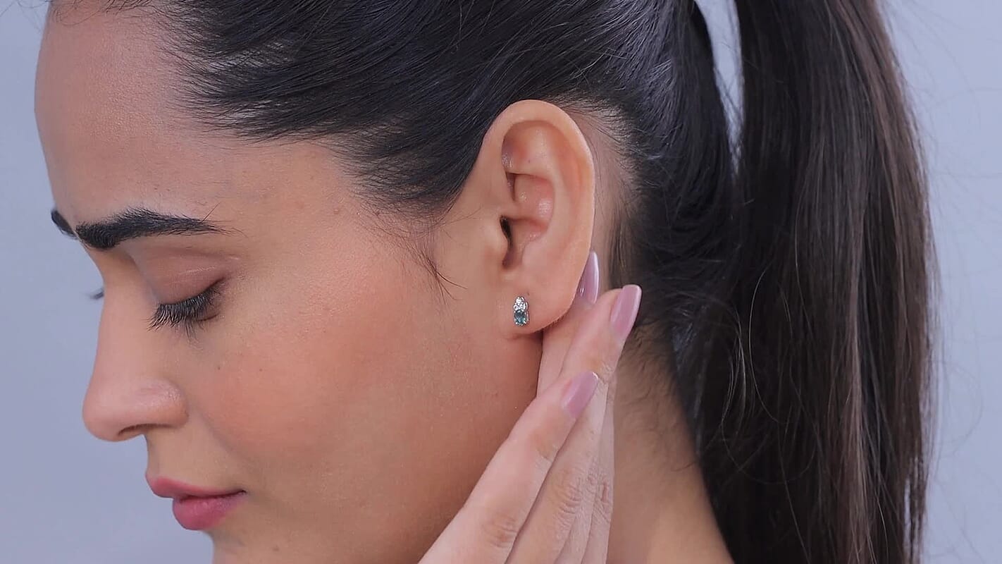 D'Joy Montana Sapphire and White Zircon 0.60 ctw Classic Crown Stud Earrings in Rhodium Over Sterling Silver