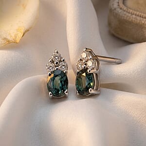 D'Joy Montana Sapphire and White Zircon 0.60 ctw Classic Crown Stud Earrings in Rhodium Over Sterling Silver (Del. in 8-10 Days)