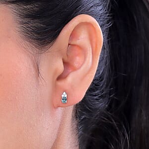 D'Joy Montana Sapphire and White Zircon 0.60 ctw Classic Crown Stud Earrings in Rhodium Over Sterling Silver (Del. in 8-10 Days)