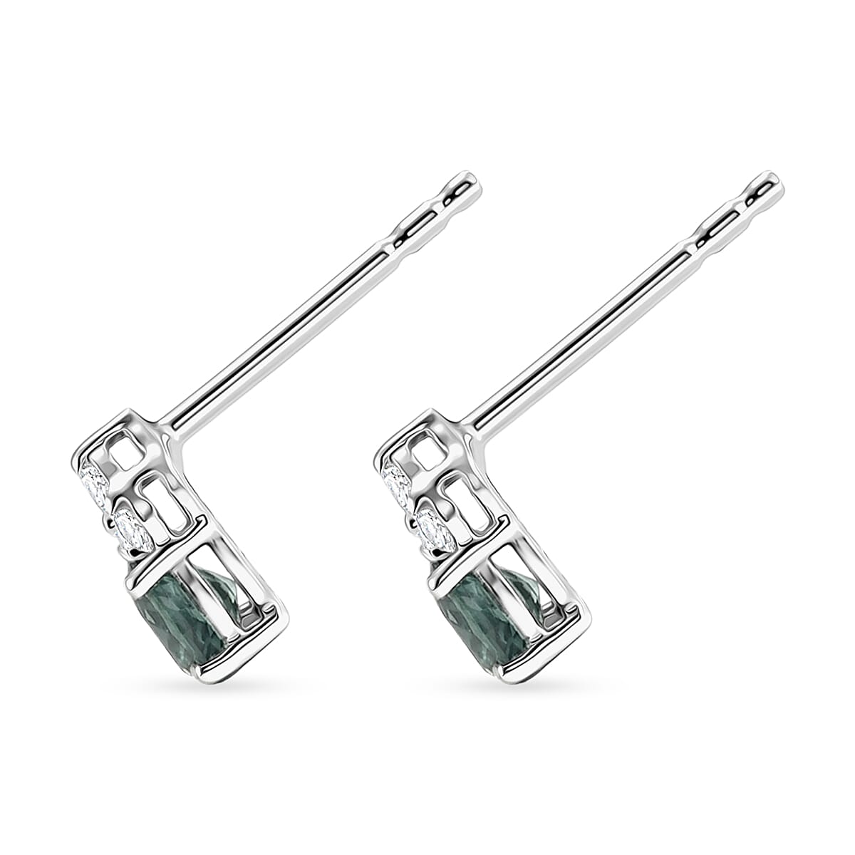 D'Joy Montana Sapphire and White Zircon 0.60 ctw Classic Crown Stud Earrings in Rhodium Over Sterling Silver