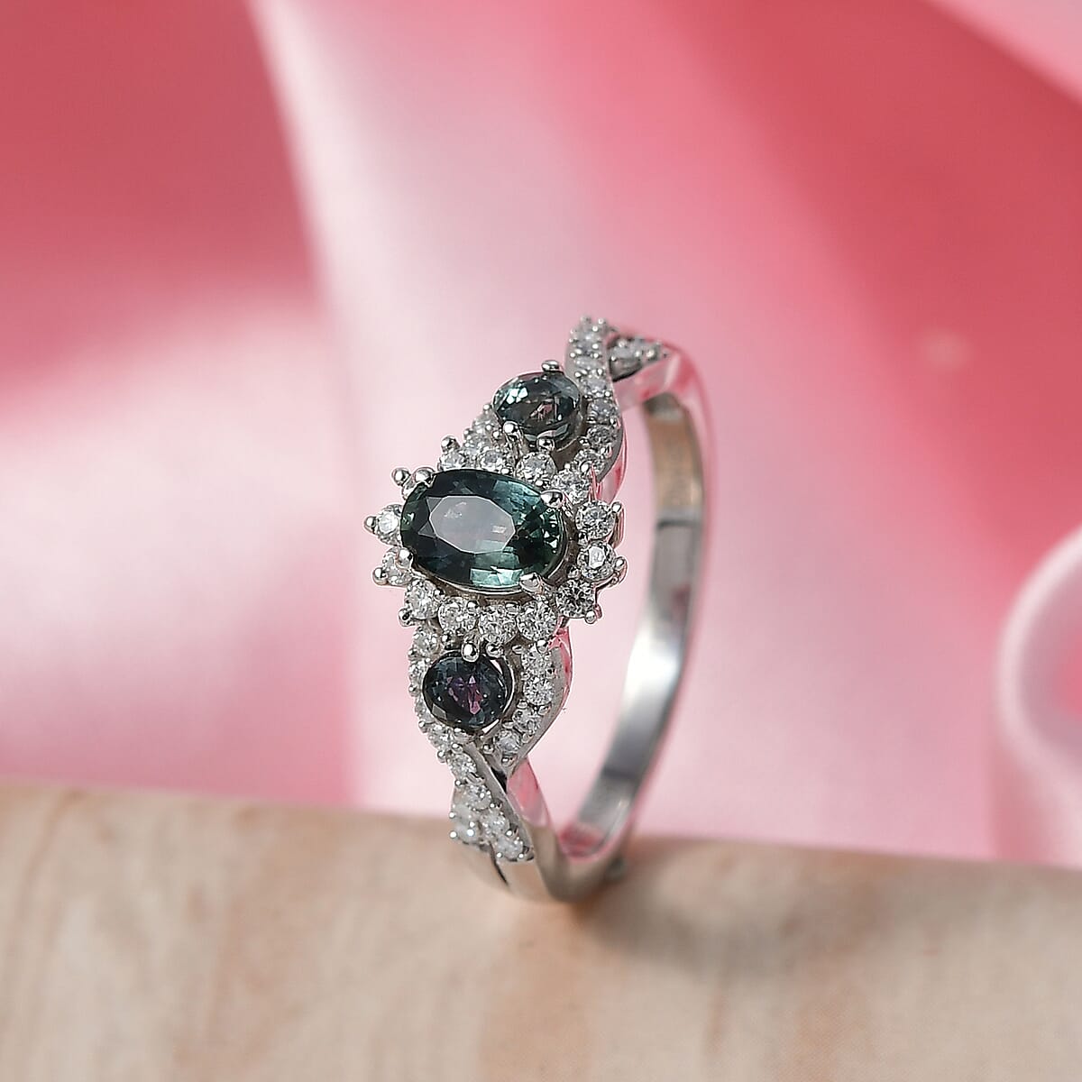 D'Joy Montana Sapphire and Moissanite 1.60 ctw Infinity Ring in Rhodium Over Sterling Silver (Size 10.0) (Del. in 8-10 Days) image number 1