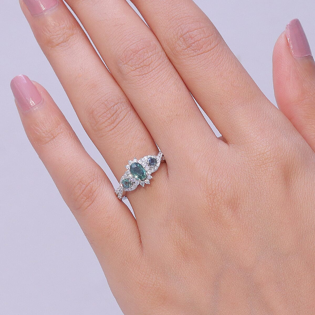 D'Joy Montana Sapphire and Moissanite 1.60 ctw Infinity Ring in Rhodium Over Sterling Silver (Size 10.0) (Del. in 8-10 Days) image number 2