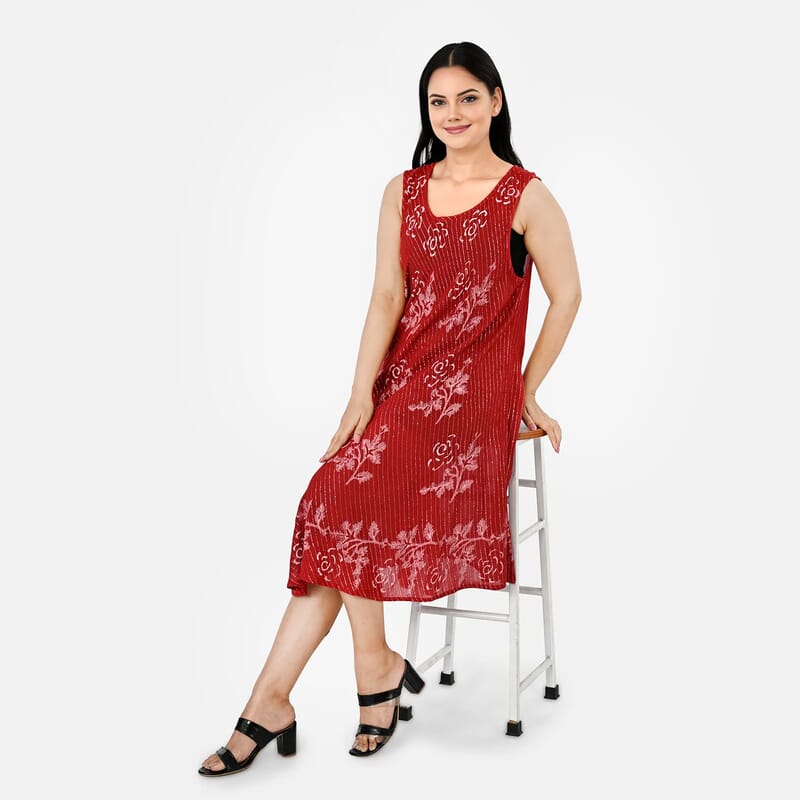 La Marey Maroon Lurex Block Printed Umbrella Dress- One Size Fits Most