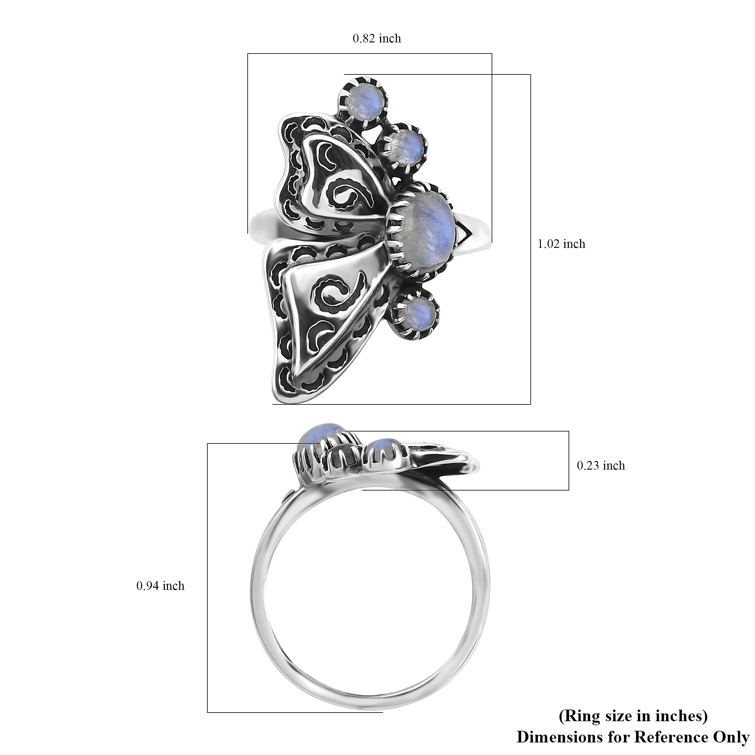 GP Trionfo Collection Artisan Crafted Premium Rainbow Moonstone 1.50 ctw Butterfly Ring in Sterling Silver (Size 6.0)