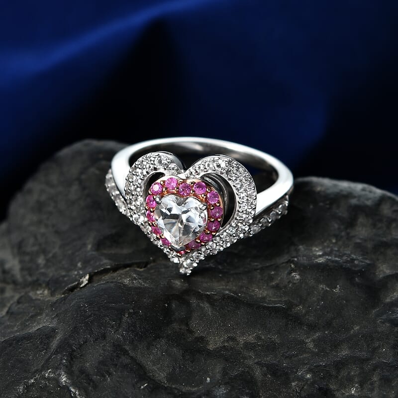 D'Joy White Topaz and Madagascar Pink Sapphire 1.80 ctw Twin Heart Romance Ring in Rhodium Over Sterling Silver (Size 10.0)