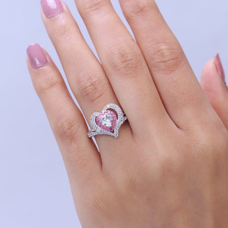 D'Joy White Topaz and Madagascar Pink Sapphire 1.80 ctw Twin Heart Romance Ring in Rhodium Over Sterling Silver (Size 10.0)