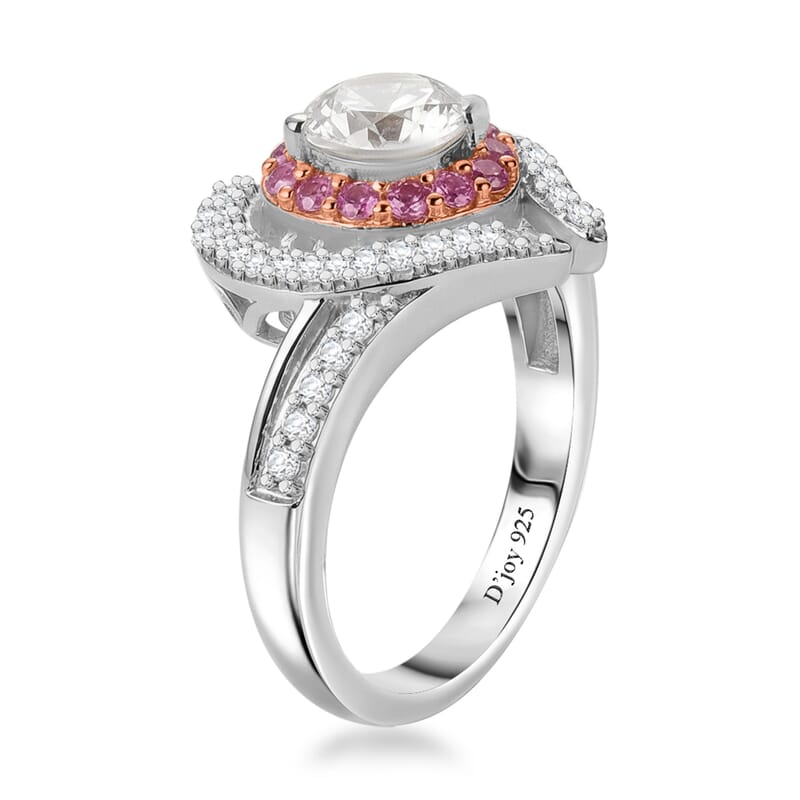 D'Joy White Topaz and Madagascar Pink Sapphire 1.80 ctw Twin Heart Romance Ring in Rhodium Over Sterling Silver (Size 10.0)