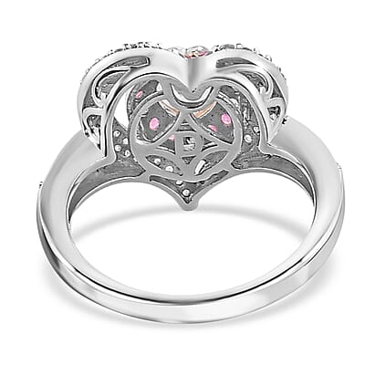 D'Joy White Topaz and Madagascar Pink Sapphire 1.80 ctw Twin Heart Romance Ring in Rhodium Over Sterling Silver (Size 10.0)